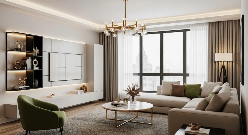 luxury modern living room interior, elegant beige sectional sofa, green velvet accent chair, round marble coffee table with gold base, statement chandelier lighting, warm ambient LED ceiling lights, wall-mount