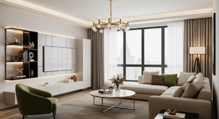 luxury modern living room interior, elegant beige sectional sofa, green velvet accent chair, round marble coffee table with gold base, statement chandelier lighting, warm ambient LED ceiling lights, wall-mount